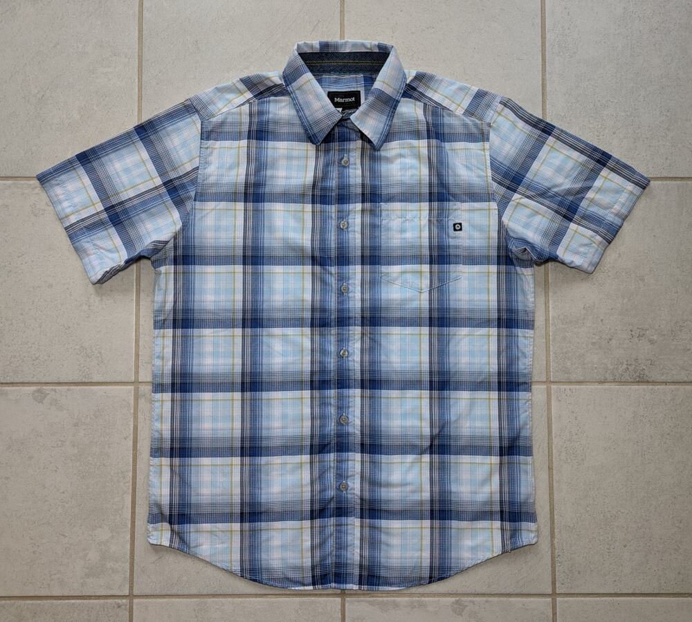 Marmot Men's Medium Shirt Plaid Short Sleeve Button Up Outdoor Hike Camp Blue